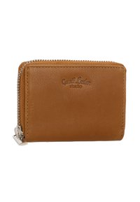 Brown leather wallet with a zip closure, embossed branding on the front, and silver-tone hardware. Smooth texture and compact rectangular shape.