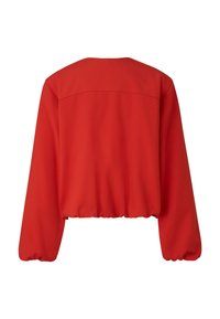 Rød cropped jakke med lange, puffede ærmer og en glat, ensartet tekstur. Har rund halsudskæring og elastisk kant for en afslappet pasform.