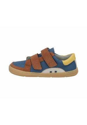 Children's casual shoe with blue leather, brown suede straps, yellow heel tab, beige rubber sole, and perforated inner lining.