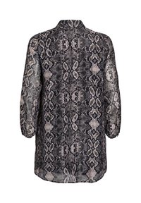 Bluza z dolgimi rokavi s črno-sivo vzorcem kače, ki ima ovratnik in prosojno tkanino z rahlo teksturirano površino.