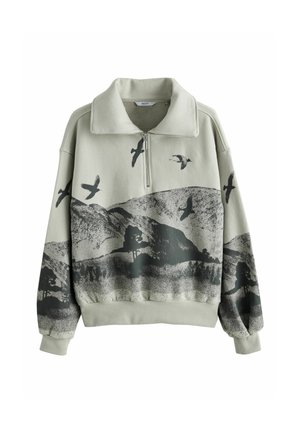 Hellgrüner Sweatshirt mit einem halben Reißverschlusskragen, der ein schwarzes Berglandschafts- und fliegende Vögel-Motiv zeigt. Weiche Textur und lässige Passform.