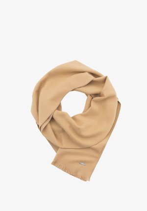 Beige Schal aus weichem Stoff, mit glatter Textur, franjierter Kante und einem kleinen silbernen Logo-Highlight.