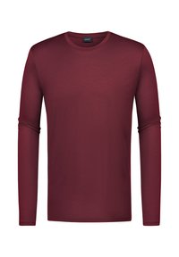 Langärmliges T-Shirt mit Rundhalsausschnitt in tief burgunderrot, aus glattem Stoff mit tailliertem Schnitt. Keine sichtbaren Muster oder Akzente.