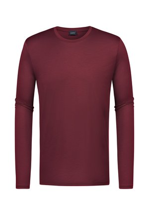 Langärmliges T-Shirt mit Rundhalsausschnitt in tief burgunderrot, aus glattem Stoff mit tailliertem Schnitt. Keine sichtbaren Muster oder Akzente.