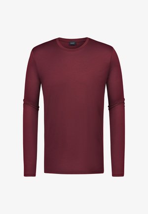 Long-sleeve, crew neck t-shirt in deep burgundy, made from smooth fabric with a fitted design. No visible patterns or accents.