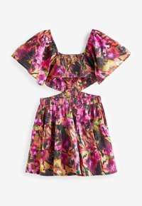 Blumenmusterkleid mit gerafftem Oberteil, weiten Flügelärmeln und einem gestuften Rock in lebhaften Rosa-, Grün- und Schwarztönen.