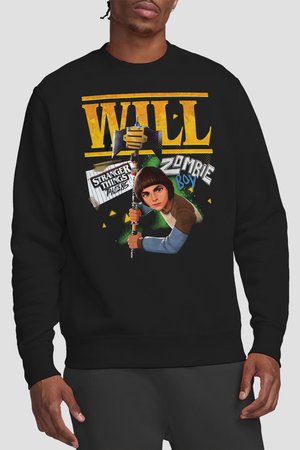 Schwarzer Sweatshirt mit einer Grafik von einem Jungen, der eine Axt hält, mit dem Text "WILL", "Stranger Things Tales from 85" und "Zombie Boy" auf der Vorderseite.