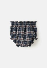 Navy blue plaid bloomer with red and green check pattern, featuring a ruffled elastic waistband and leg openings for a gathered fit.