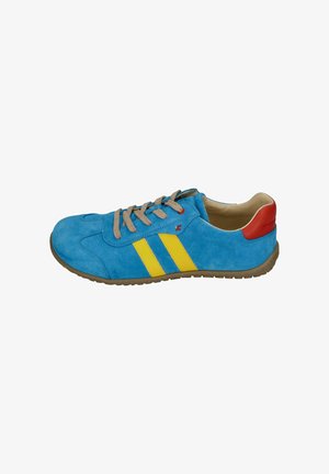 Blue suede sneaker with yellow stripes and red heel accent. Features beige laces and a brown rubber sole. Rounded toe design.