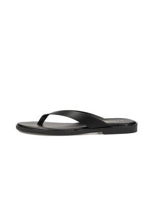 Sandalia negra plana tipo flip-flop con una suela fina y tiras de cuero simples que cruzan sobre el pie y entre los dedos.
