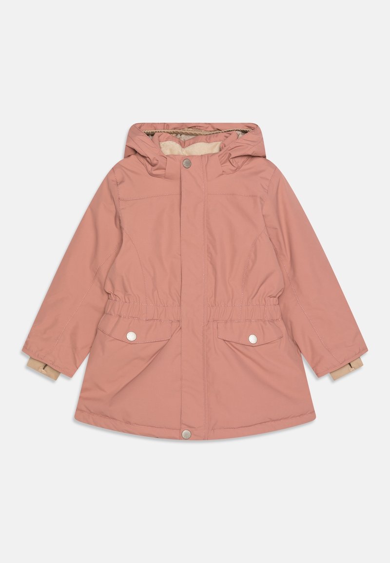 Parka imperméable rose avec capuche, taille élastique, deux poches avant et boutons-pression argentés ; doublée d'un matériau doux.