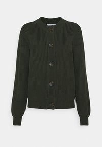Cardigan en tricot vert foncé avec un col rond, des manches longues et cinq grands boutons sur le devant. Présente un côtes texturé sur toute la surface.
