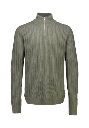 Maglione verde con lavorazione a treccia, maniche lunghe e colletto con zip a un quarto, dotato di polsini e orlo a coste.