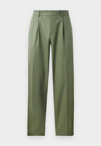 Tailored trousers in olive green fabric with a smooth texture, featuring two front pleats, belt loops, and a straight leg design.