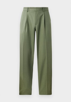 Tailored trousers in olive green fabric with a smooth texture, featuring two front pleats, belt loops, and a straight leg design.