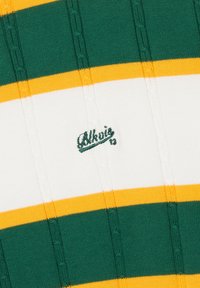 Tessuto a maglia a righe verdi, gialle e bianche con motivi a treccia verticale testurizzati e testo ricamato verde "Alkwiis 13" sulla striscia bianca.