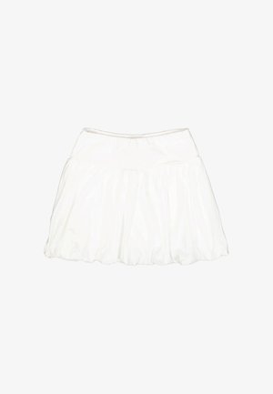 Falda blanca hasta la rodilla con cinturilla ancha y sección inferior fruncida y abullonada, mostrada sobre un fondo blanco liso.