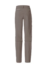 Pantaloni zip-off leggeri di colore marrone, con taglio dritto, vita elasticizzata e tasche laterali. Caratterizzati da una texture liscia e cuciture rinforzate.