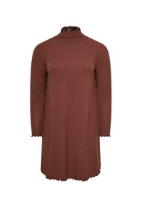 Vestido marrón de punto acanalado con mangas largas y un cuello alto con forma de ondas. Presenta un corte holgado y un dobladillo ondulado.