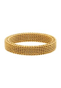 Bracciale bangles in rete placcato oro con design intrecciato, caratterizzato da una superficie liscia e bordi arrotondati, che offre una vestibilità flessibile.