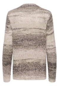 Maglione lavorato a maglia con collo rotondo, caratterizzato da un design testurizzato in morbide tonalità di beige e grigio con righe orizzontali.