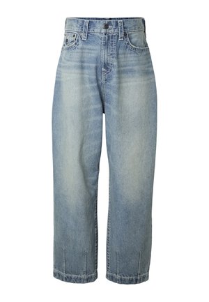 Vaqueros azules de mezclilla de talle alto y pierna ancha con bolsillos delanteros y traseros, cierre de botón y detalles sutilmente desgastados.