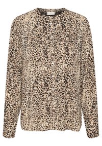 Leopard print blouse in tan and brown, featuring a round neck, long sleeves, and button front. Made from a lightweight, textured fabric.