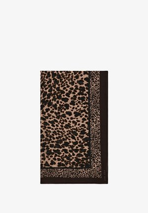 Leopard print scarf featuring a brown background with dark spots, bordered by a solid dark edge. Soft texture, rectangular shape.