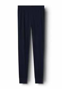 Navy blue stretchy pants with an elastic waistband and fitted cuffs at the ankles. Smooth texture, no visible patterns or hardware.