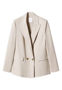 Béžový lněný blejzr se strukturovaným designem, klopovými límci, dvěma předními kapsami a knoflíky ve zlatém tónu. Hladká textura a přiléhavý střih.