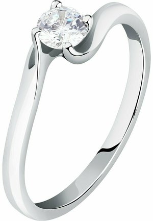 Silberner Verlobungsring mit einem einzelnen runden Diamanten, der in einer Krappenfassung in der Mitte sitzt, und einem eleganten, geschwungenen Band mit glatter Oberfläche.