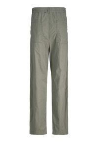 Light olive green pants with an elastic waistband and two back pockets, displayed from a rear view.