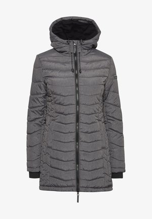 Grau gepolsterte Jacke mit Kapuze, mit einem mit Reißverschluss versehenen Frontbereich, strukturiertem Stoff und elastischen Bündchen. Vertikales Steppmuster für zusätzliche Isolierung.