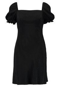 Musta mekko, jossa on lyhyet puffi-hihat, neliön muotoinen pääntie, hieman teksturoitu kangas ja liehuva siluetti, jossa on hienovaraisia pistekuvioita.