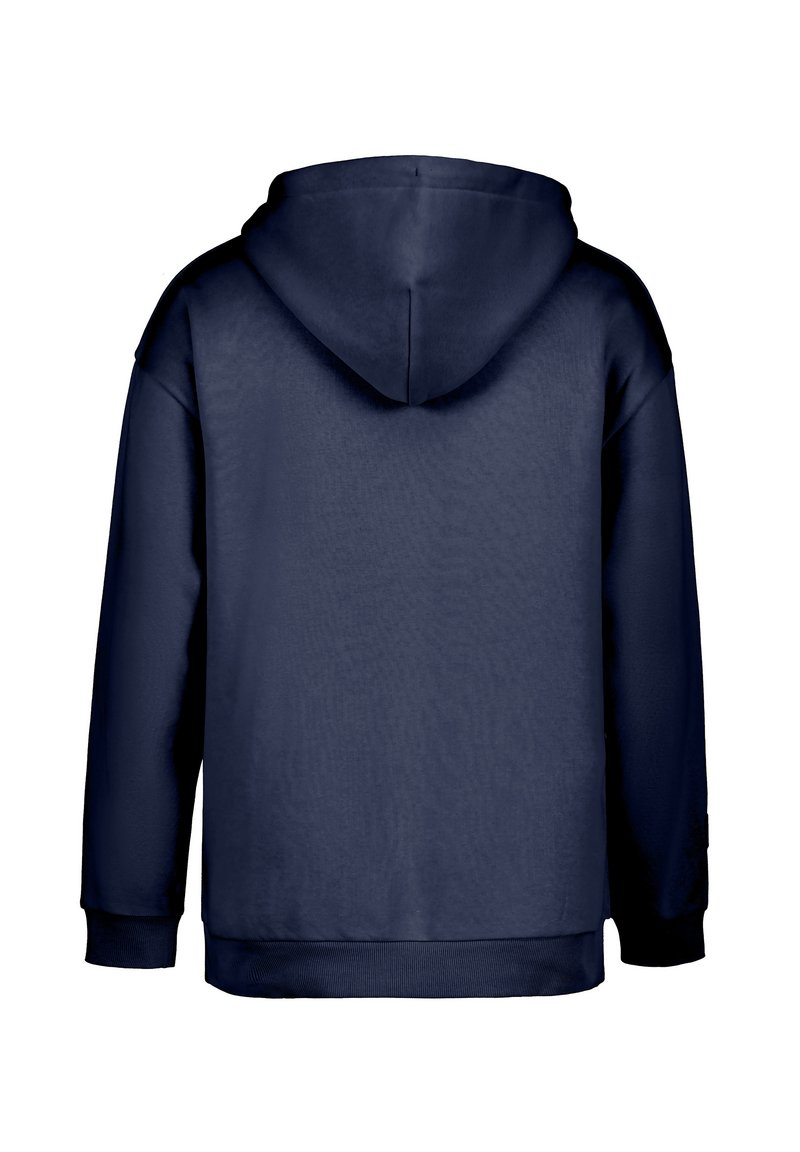 Marineblauer Kapuzenpullover aus weichem Stoff, mit Kängurutasche und gerippten Bündchen und Saum, mit einer glatten Oberfläche.