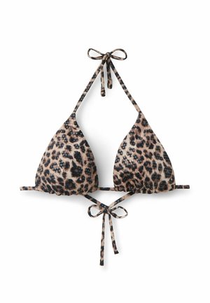 Top de bikini triangular con estampado de leopardo, con cuello halter y lazos traseros sobre fondo blanco.
