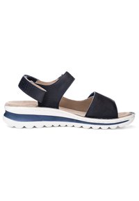 Navy leather sandal with dual straps, adjustable heel, cushioned footbed, and a white sole with wave-like texture and dark blue accent.