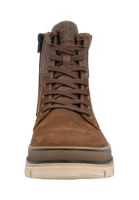 Las botas tobilleras de ante marrón presentan un diseño con cordones y una cremallera lateral. Suela de goma texturizada que proporciona agarre y durabilidad.