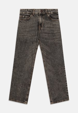 Schwarze Denim-Jeans mit geradem Schnitt, ausgestattet mit einem Knopfverschluss, fünf Taschen und subtiler Verwaschung für Textur.