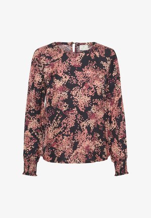 Blúzka s dlhým rukávom s kvetinovým vzorom v ružovej a krémovej farbe na námorníckom modrom pozadí. Neformálny dizajn s otvorom na chrbte a naškrobenými manžetami.