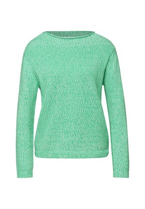 Jasnozielony sweter z długim rękawem, wykonany z dzianiny, z subtelnym teksturowanym wzorem i okrągłym dekoltem, pokazany od tyłu na białym tle.