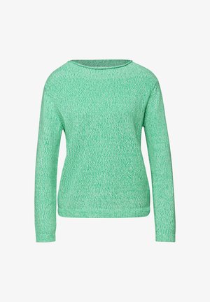 Jasnozielony sweter z długim rękawem, wykonany z dzianiny, z subtelnym teksturowanym wzorem i okrągłym dekoltem, pokazany od tyłu na białym tle.