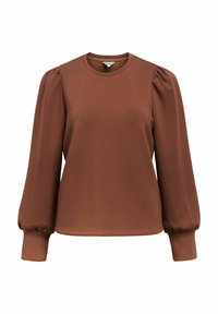 Braunes Langarmshirt mit rundem Halsausschnitt, gepufften Ärmeln und engen Bündchen, aus weichem, dehnbarem Stoff gefertigt.