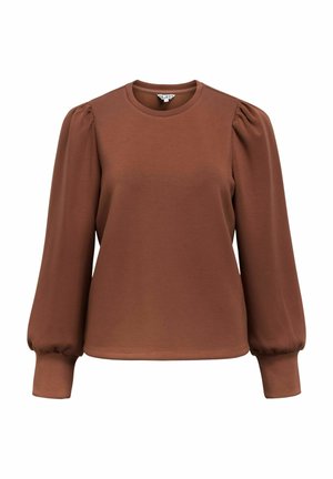 Braunes Langarmshirt mit rundem Halsausschnitt, gepufften Ärmeln und engen Bündchen, aus weichem, dehnbarem Stoff gefertigt.