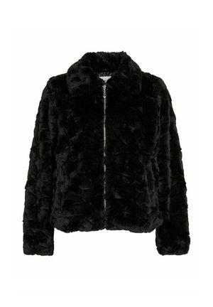 Giacca nera in pelliccia sintetica con chiusura a zip, con colletto e tessuto testurizzato e fantasia. Maniche lunghe e design dalla vestibilità comoda.