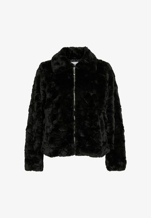 Giacca nera in pelliccia sintetica con chiusura a zip, con colletto e tessuto testurizzato e fantasia. Maniche lunghe e design dalla vestibilità comoda.