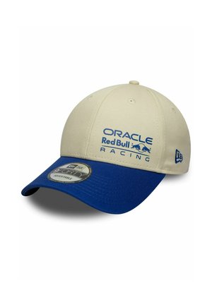 Beige und blaue verstellbare Baseballkappe mit dem Oracle Red Bull Racing-Logo vorne und dem New Era-Logo an der Seite.