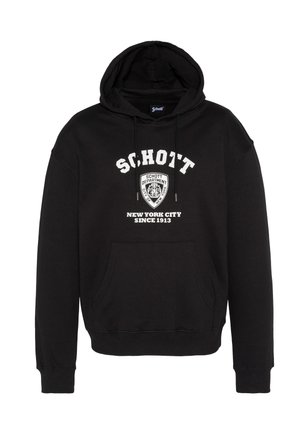 Felpa nera con cappuccio in cotone, maniche lunghe, coulisse e tasca frontale. Presenta scritte bianche e un logo a scudo sul petto.