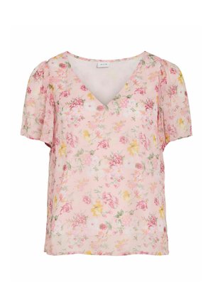 Vaaleanpunainen lyhythihainen paita, jossa on V-aukko ja kukkakuvio eri vaaleanpunaisen, keltaisen ja vihreän sävyissä.