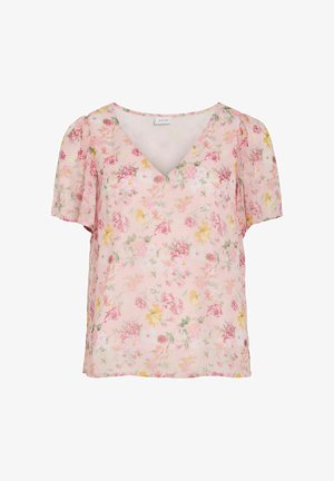 Vaaleanpunainen lyhythihainen paita, jossa on V-aukko ja kukkakuvio eri vaaleanpunaisen, keltaisen ja vihreän sävyissä.